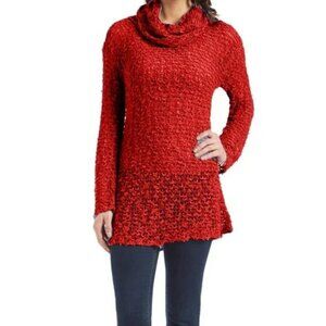 Christmas Red Turtleneck Cowl Chunky Knit Weave Lightweight Long Dress Sweater M